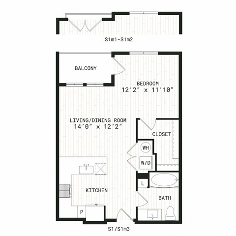 Floor plan for studio, 1 bath, 595 sqft